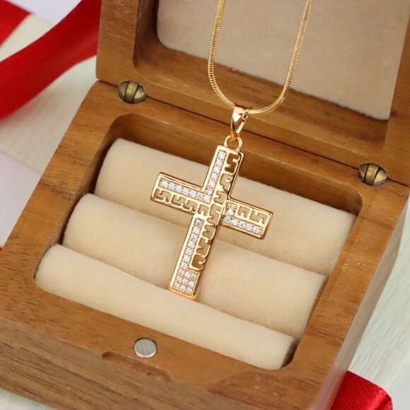 "Rose Gold Cross Pendant with Greek Key Design and Sparkling Stones, XPPT1610 - Picture 9 of 13